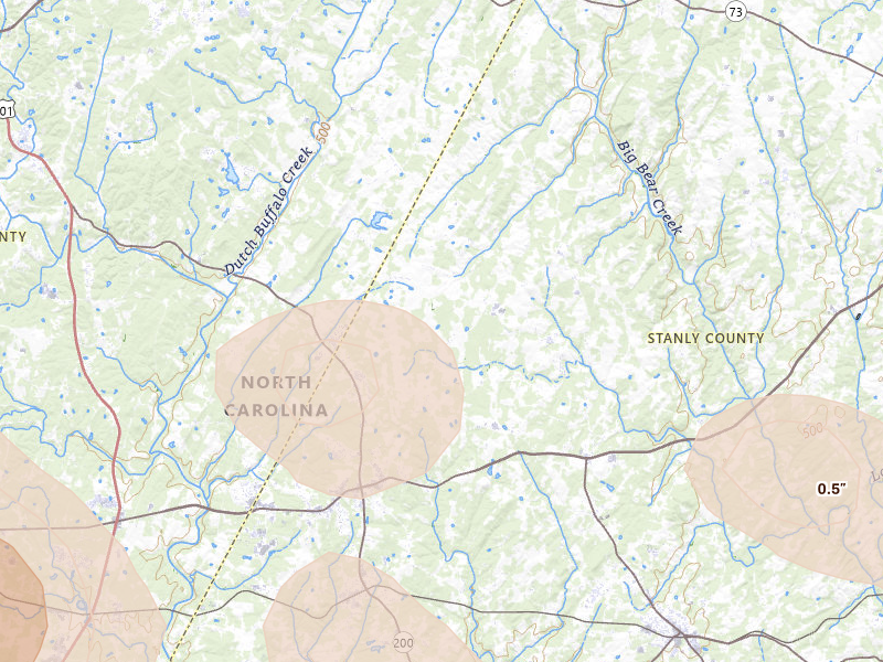 Radar-estimated hail-size map of the storm over Locust, NC on Aug 11, 2026