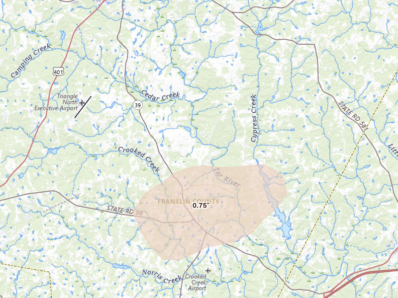 Radar-estimated hail-size map of the storm over Louisburg, NC on Jun 27, 2026