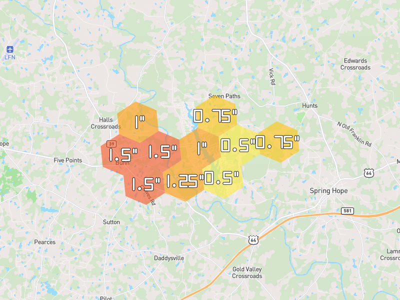 Hail map of Louisburg, NC on Jun 27, 2026, hail up to 1.5"