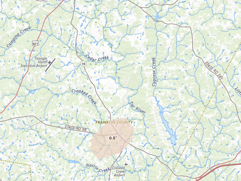 Radar-estimated hail-size map of the storm over Louisburg, NC on Jul 6, 2026