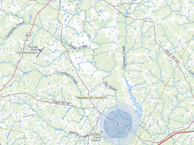 NEXRAD radar-signature map of the hail over Louisburg, NC