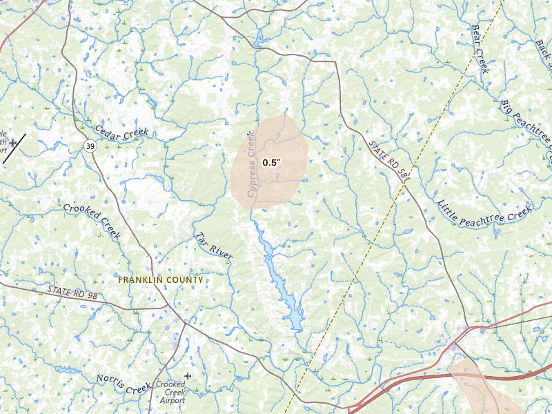 Radar-estimated hail-size map of the storm over Louisburg, NC on Aug 20, 2026
