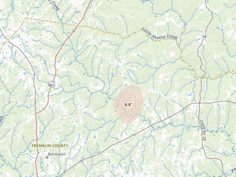 Radar-estimated hail-size map of the storm over Louisburg, NC on Sep 2, 2026