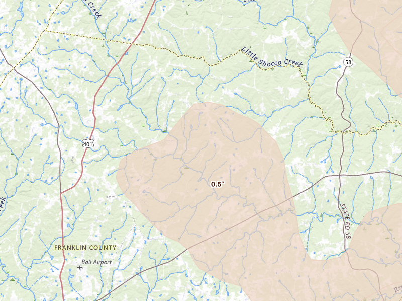 Radar-estimated hail-size map of the storm over Louisburg, NC on Sep 4, 2026