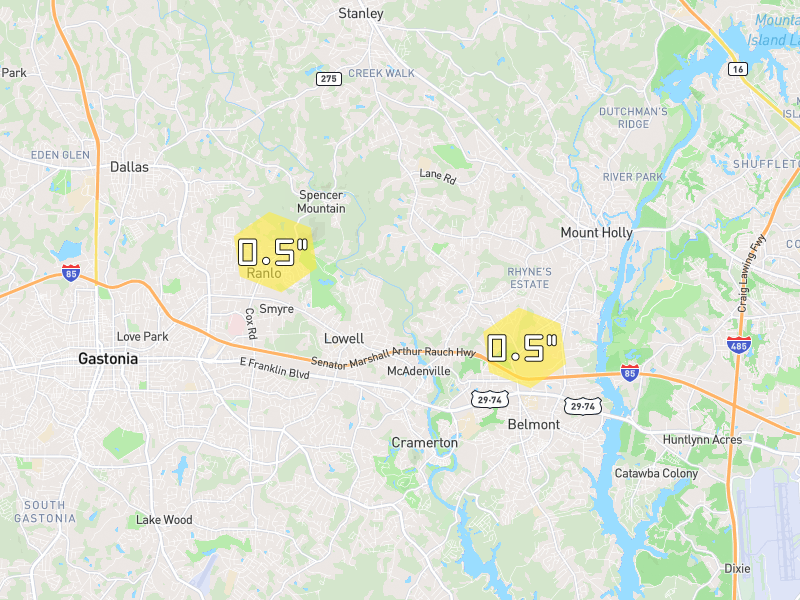 Hail map of Lowell, NC on Jul 29, 2026, hail up to 0.5"