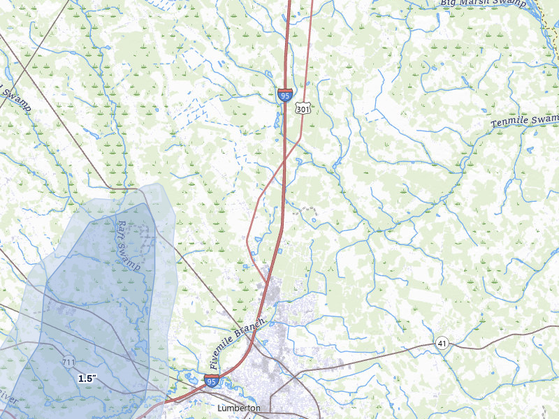NEXRAD radar-signature map of the hail storm over Lumberton, NC on Jul 12, 2026