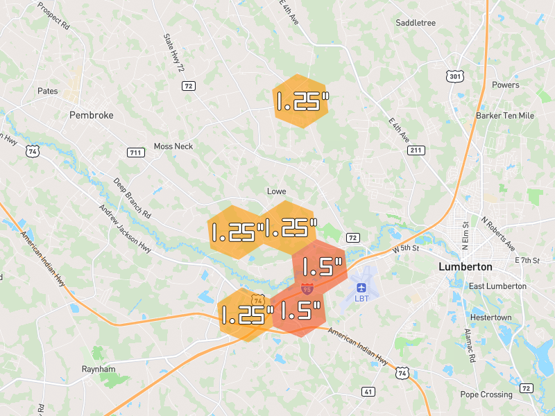 Hail map of Lumberton, NC on Jul 12, 2026, hail up to 1.5"
