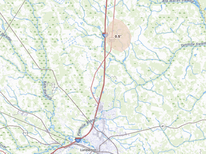 Radar-estimated hail-size map of the storm over Lumberton, NC on Jul 20, 2026
