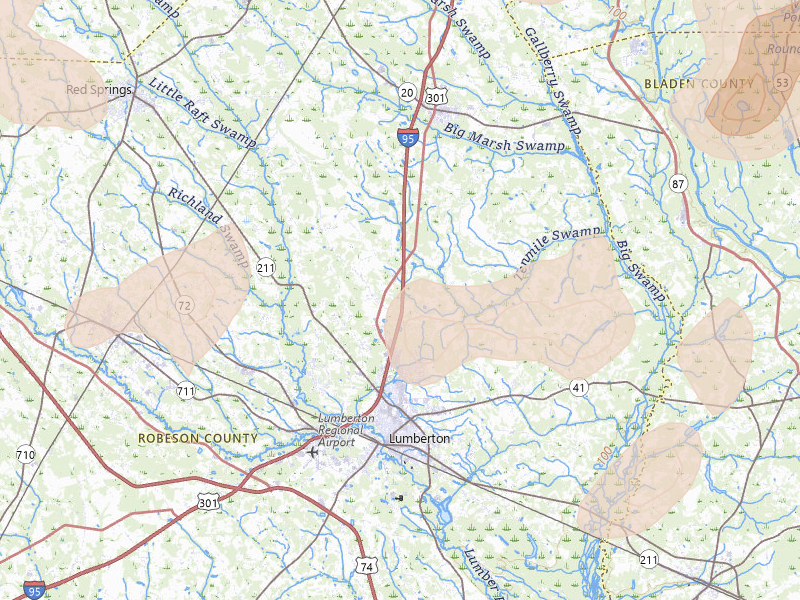 Radar-estimated hail-size map of the storm over Lumberton, NC on Aug 21, 2026