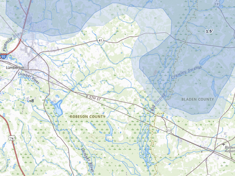 NEXRAD radar-signature map of the hail storm over Lumberton, NC on Aug 21, 2026