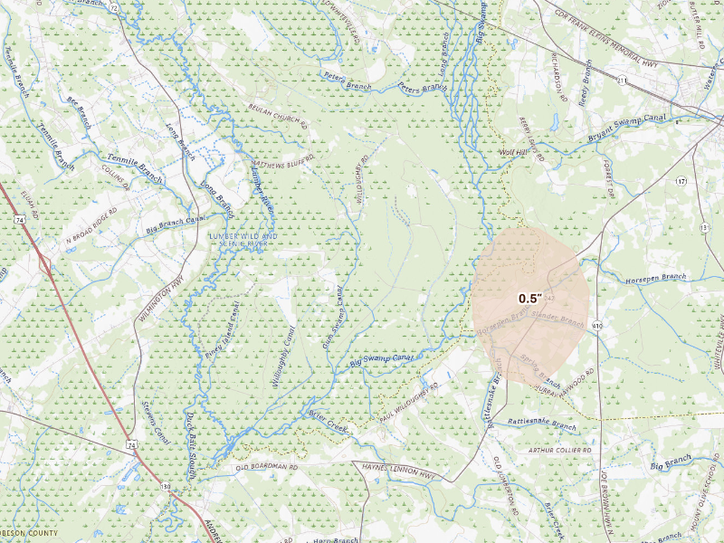 Radar-estimated hail-size map of the storm over Lumberton, NC