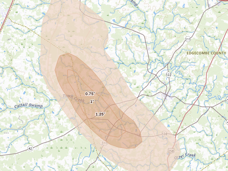 Radar-estimated hail-size map of the storm over Macclesfield, NC
