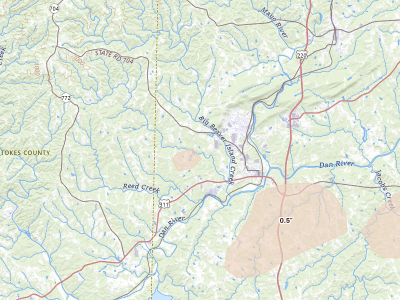 Radar-estimated hail-size map of the storm over Madison, NC on Aug 22, 2026