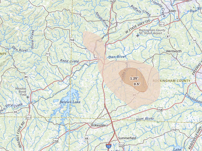 Radar-estimated hail-size map of the storm over Madison, NC on Sep 5, 2026