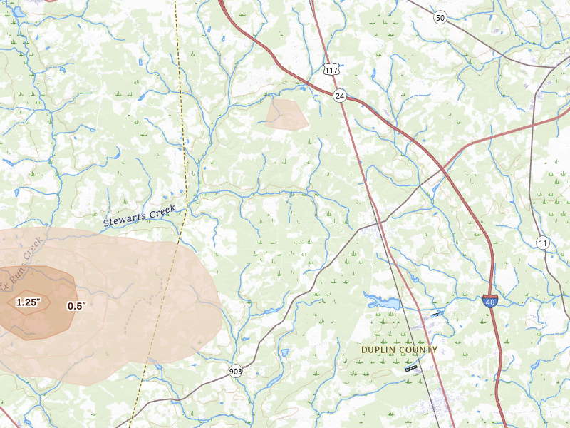 Radar-estimated hail-size map of the storm over Magnolia, NC on Jul 8, 2026