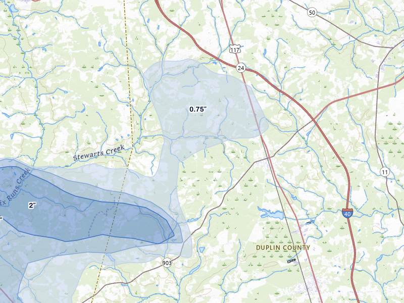 NEXRAD radar-signature map of the hail storm over Magnolia, NC on Jul 8, 2026