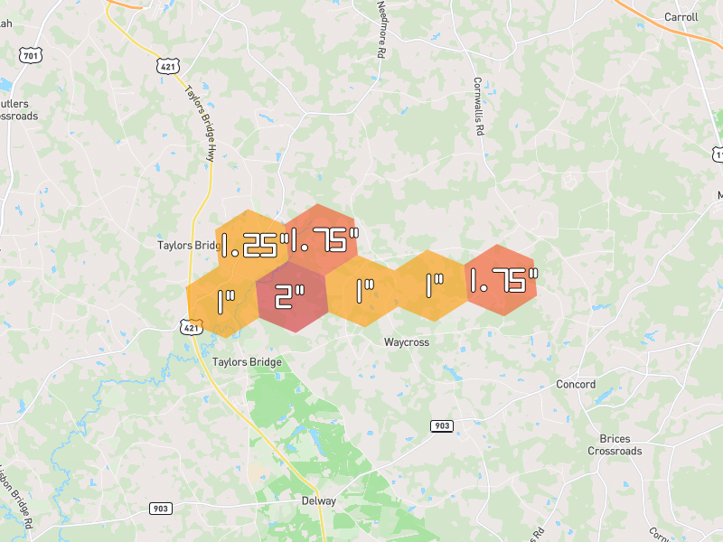 Hail map of Magnolia, NC on Jul 8, 2026, hail up to 2"