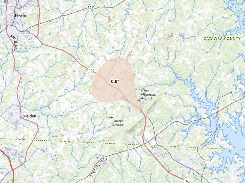 Radar-estimated hail-size map of the storm over Maiden, NC on Aug 8, 2026