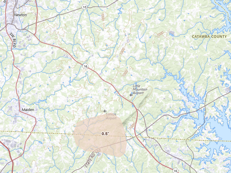 Radar-estimated hail-size map of the storm over Maiden, NC on Aug 20, 2026