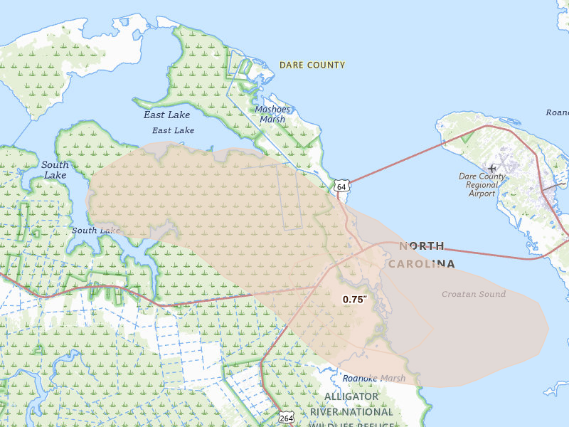 Radar-estimated hail-size map of the storm over Manns Harbor, NC on Jul 20, 2026