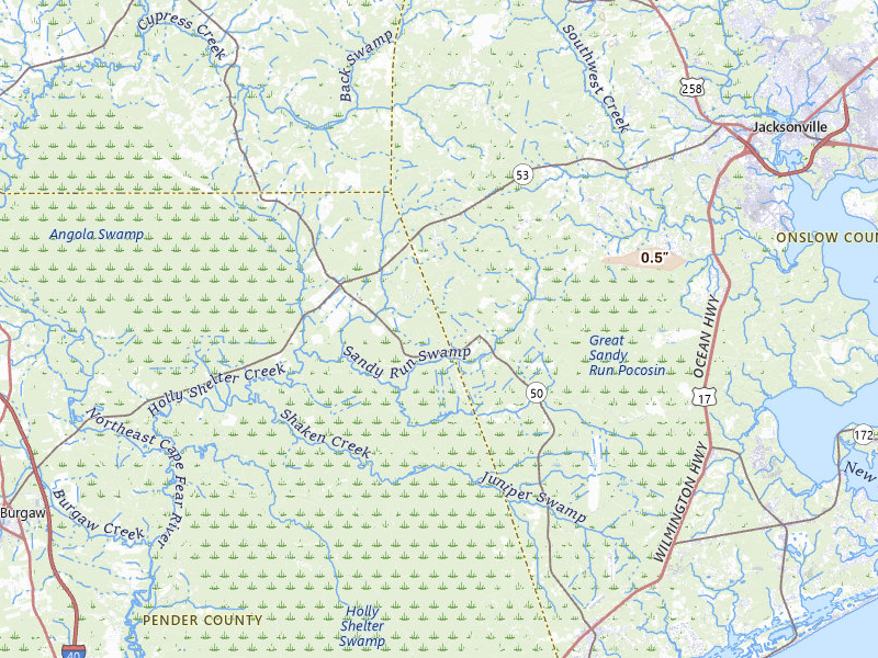 Radar-estimated hail-size map of the storm over Maple Hill, NC on May 11, 2026