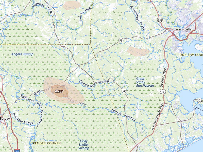 Radar-estimated hail-size map of the storm over Maple Hill, NC on Jun 27, 2026