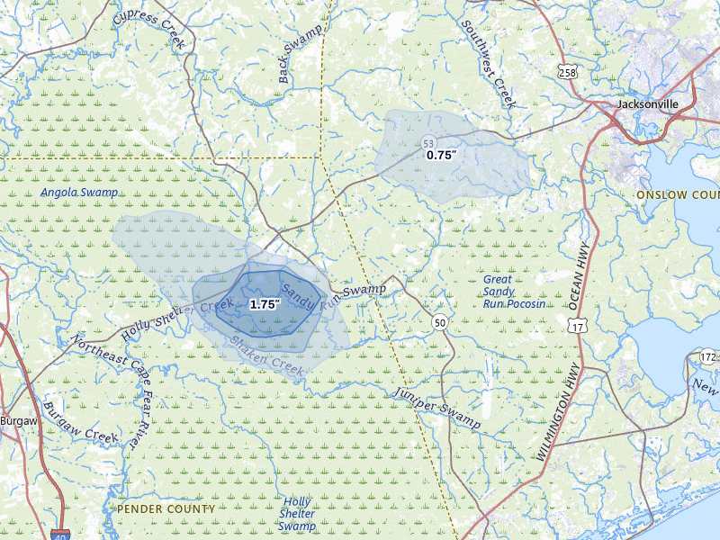 NEXRAD radar-signature map of the hail storm over Maple Hill, NC on Jun 27, 2026
