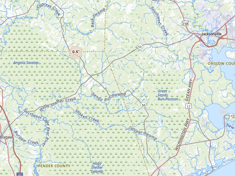 Radar-estimated hail-size map of the storm over Maple Hill, NC on Jul 19, 2026
