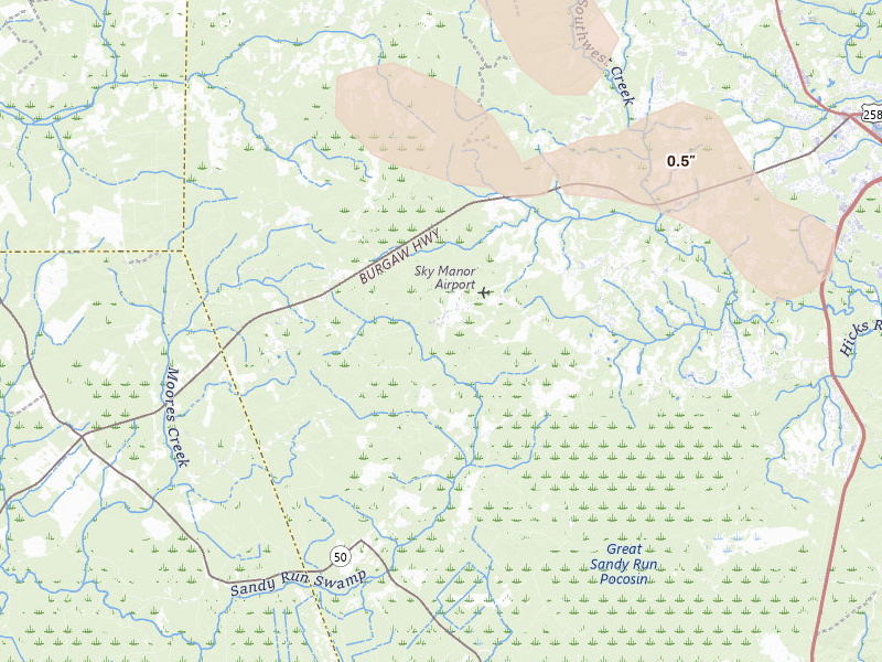 Radar-estimated hail-size map of the storm over Maple Hill, NC