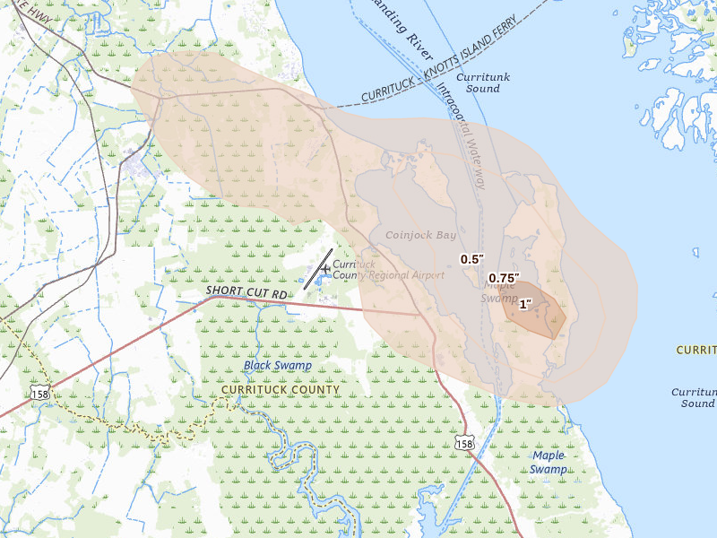 Radar-estimated hail-size map of the storm over Maple, NC on Jun 12, 2026
