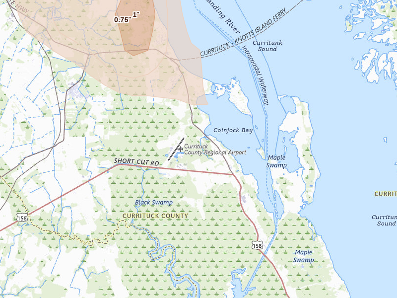 Radar-estimated hail-size map of the storm over Maple, NC on Jul 28, 2026