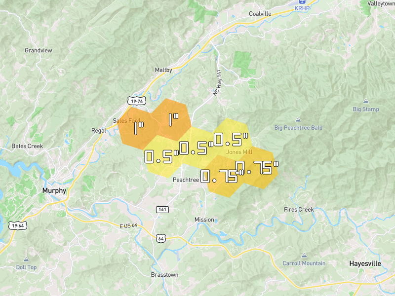 Hail map of Marble, NC on Jul 1, 2026, hail up to 1"
