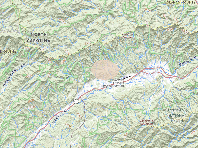 Radar-estimated hail-size map of the storm over Marble, NC on Aug 4, 2026