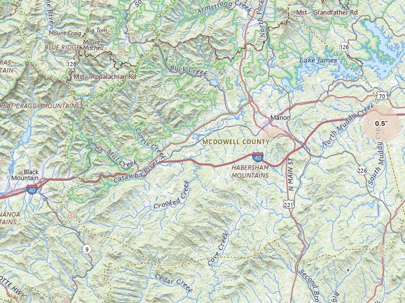 Radar-estimated hail-size map of the storm over Marion, NC on Mar 6, 2026