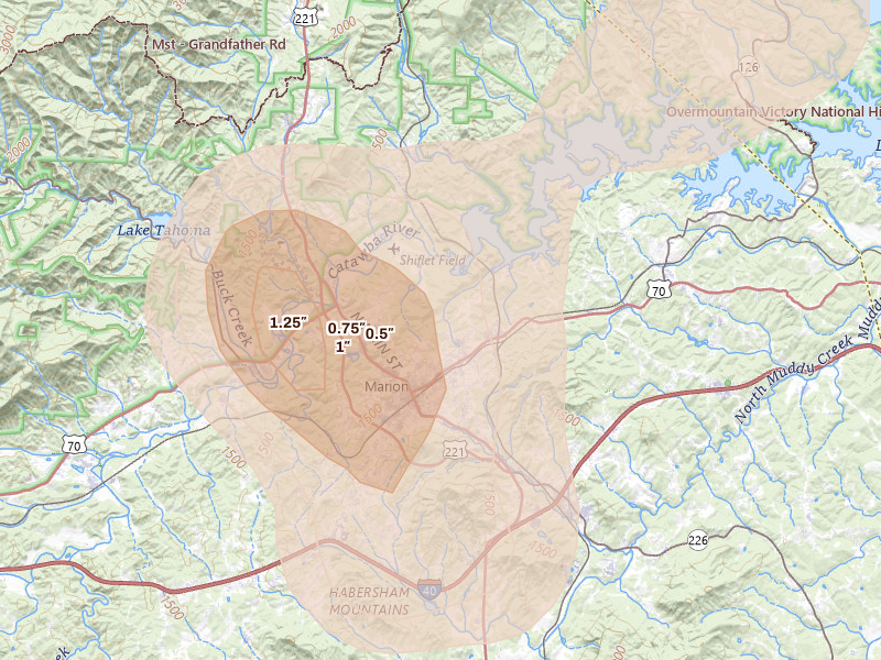 Radar-estimated hail-size map of the storm over Marion, NC on Aug 11, 2026
