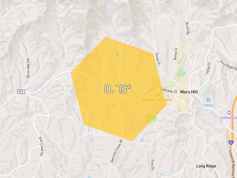 Hail map of Mars Hill, NC on Jul 28, 2026, hail up to 0.75"