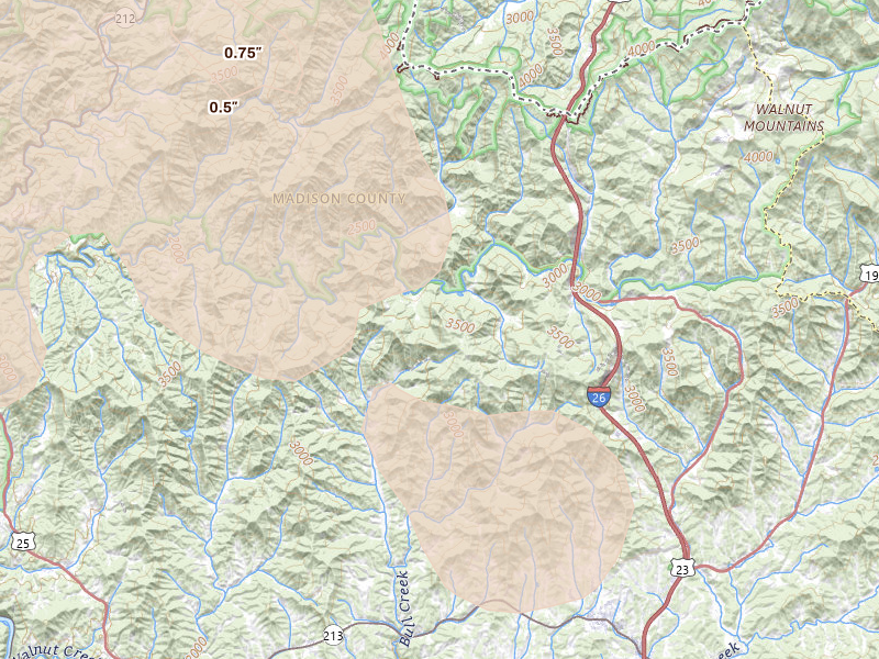 Radar-estimated hail-size map of the storm over Marshall, NC on Jul 28, 2026