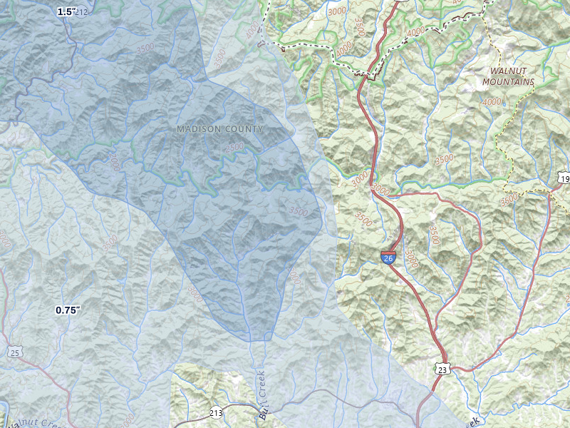 NEXRAD radar-signature map of the hail storm over Marshall, NC on Jul 28, 2026