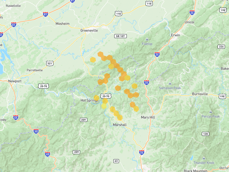 Hail map of Marshall, NC on Jul 28, 2026, hail up to 1.25"