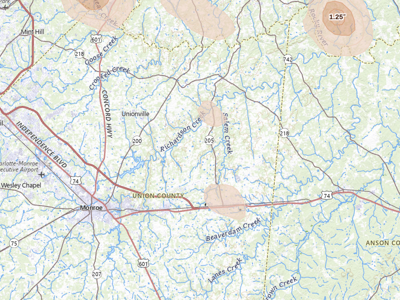 Radar-estimated hail-size map of the storm over Marshville, NC on Aug 11, 2026