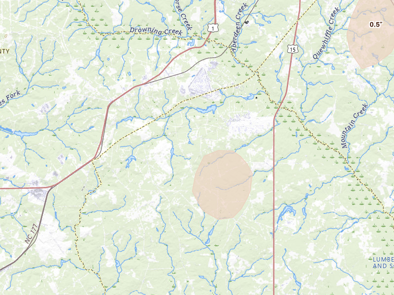 Radar-estimated hail-size map of the storm over Marston, NC on Jul 5, 2026