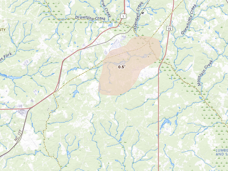Radar-estimated hail-size map of the storm over Marston, NC on Aug 23, 2026