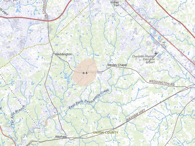 Radar-estimated hail-size map of the storm over Matthews, NC on Jul 5, 2026