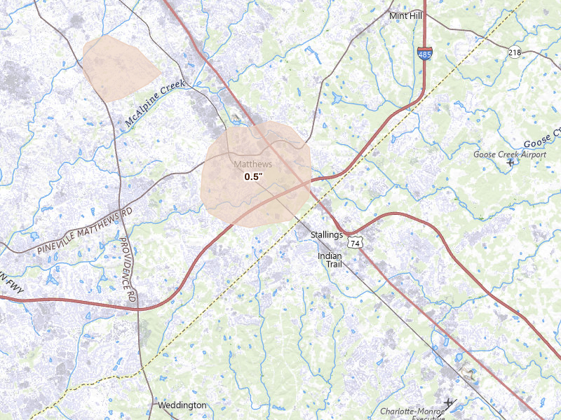 Radar-estimated hail-size map of the storm over Matthews, NC on Aug 20, 2026