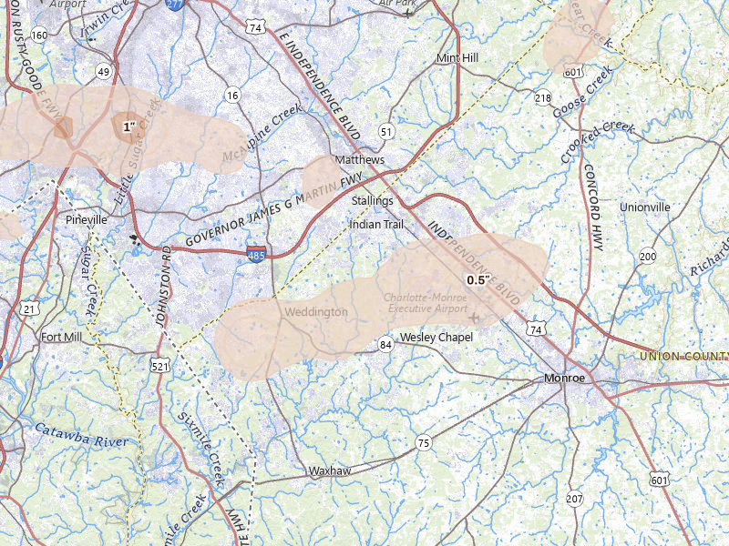 Radar-estimated hail-size map of the storm over Matthews, NC on Aug 21, 2026