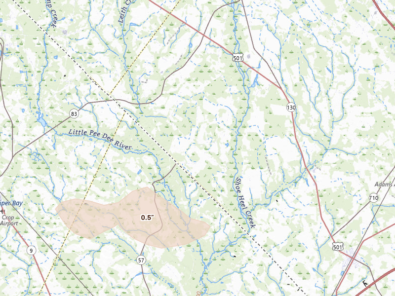 Radar-estimated hail-size map of the storm over Maxton, NC on Jun 28, 2026