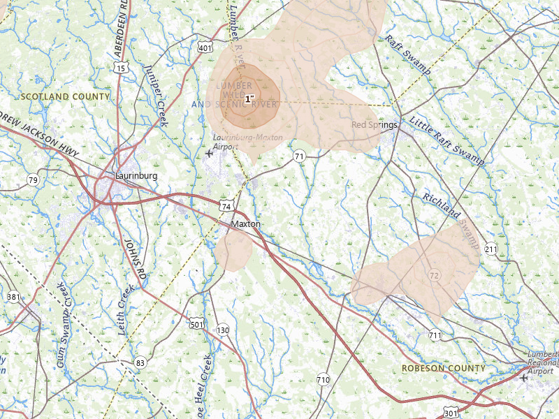 Radar-estimated hail-size map of the storm over Maxton, NC on Aug 21, 2026