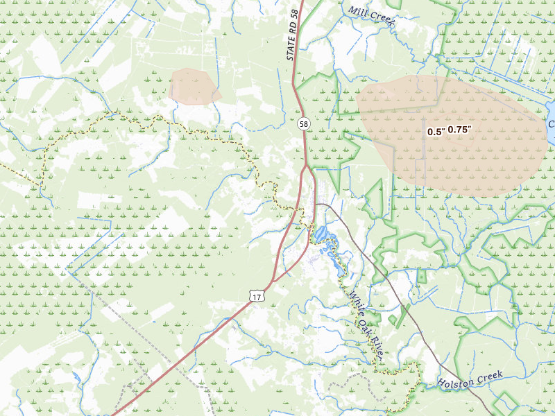 Radar-estimated hail-size map of the storm over Maysville, NC