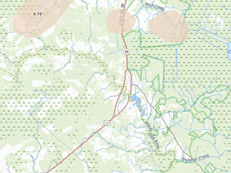 Radar-estimated hail-size map of the storm over Maysville, NC on Jul 6, 2026