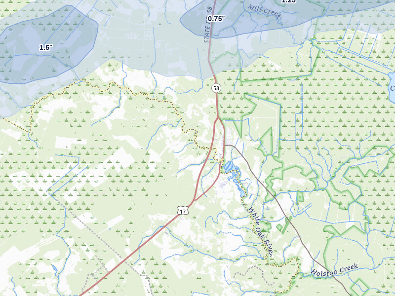 NEXRAD radar-signature map of the hail storm over Maysville, NC on Jul 6, 2026